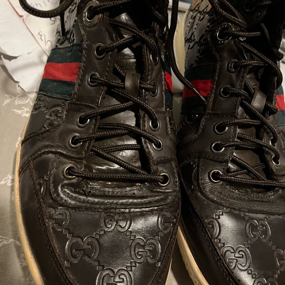 Gucci Brown Leather High-Top Boots with Red & Green Stripe - Picture 5 of 14